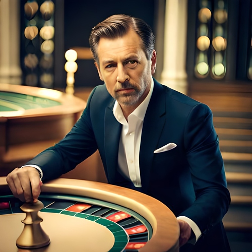 Un uomo che gioca alla roulette in un ambiente dorato